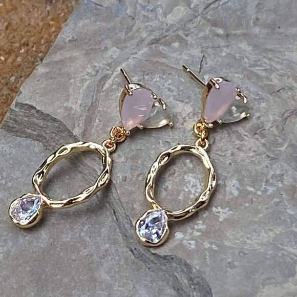 Plated Hammered Gold with Cubic Zircon Stone Stud Earrings - Picture 6 of 10